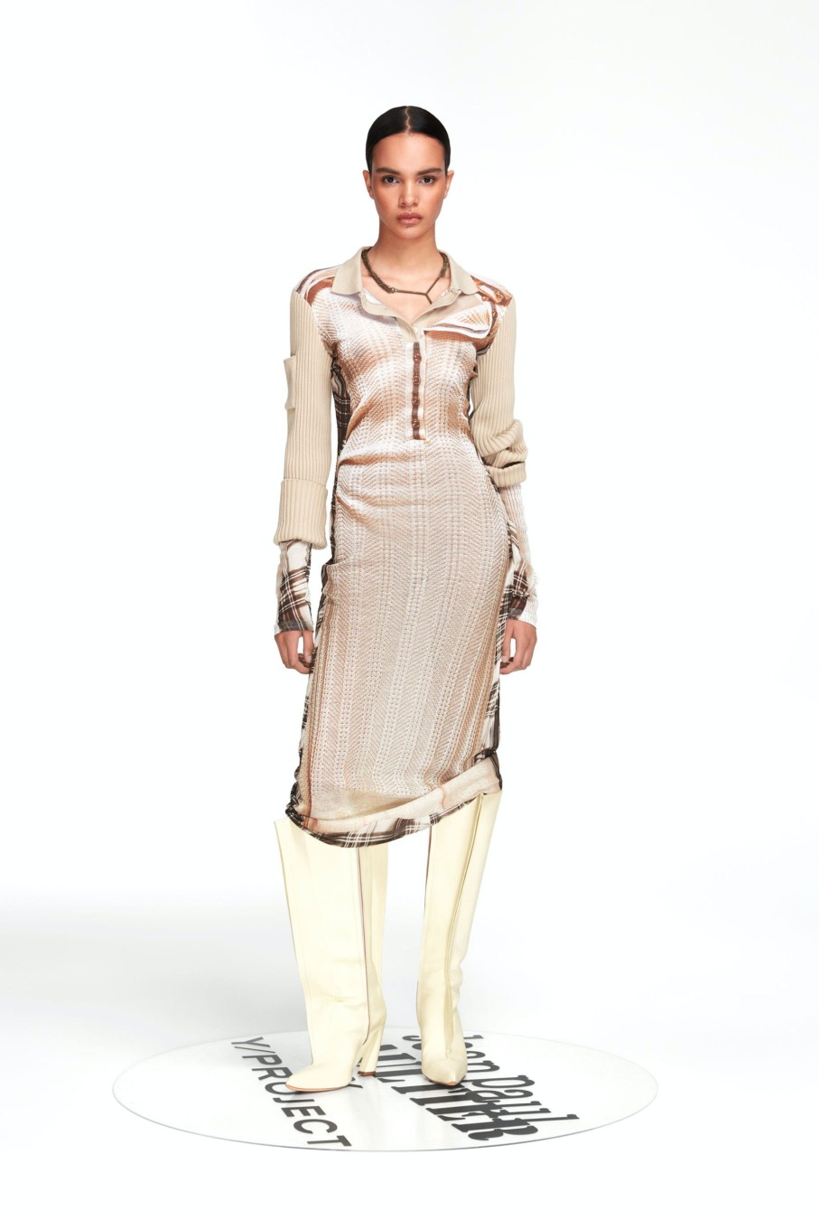 Jpg X Y/Project Jean Paul Gaultier | The Beige Trompe-L'Oeil Ruffle Neck Knit Dress