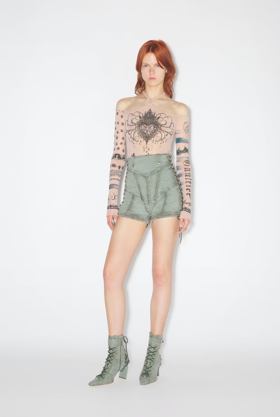 Jpg X Knwls Jean Paul Gaultier | The Green Denim Corset Mini Shorts